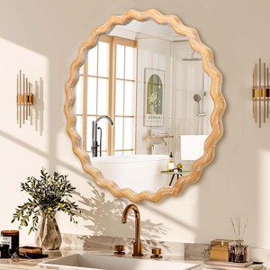 <span class=keywords><strong>Miroir</strong></span> mural <span class=keywords><strong>rond</strong></span> ondulé OVS <span class=keywords><strong>de</strong></span> 27,5 pouces pour <span class=keywords><strong>salle</strong></span> <span class=keywords><strong>de</strong></span> <span class=keywords><strong>bain</strong></span>, coiffeuse, chambre à coucher, entrée, style ferme, en <span class=keywords><strong>bois</strong></span>, finition vieillie naturelle - Product Image 2