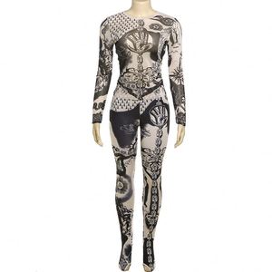 Conjunto de ropa de calle de primavera 2024, mallas a juego estampadas de manga larga, conjunto de 2 piezas transparente de malla ajustada para mujer - Product Image 5