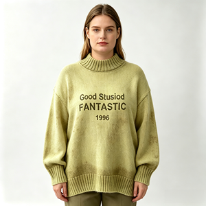 Suéter de punto acanalado con cuello alto para mujer, teñido con spray, oversize, de manga larga, estilo casual - Product Image 1