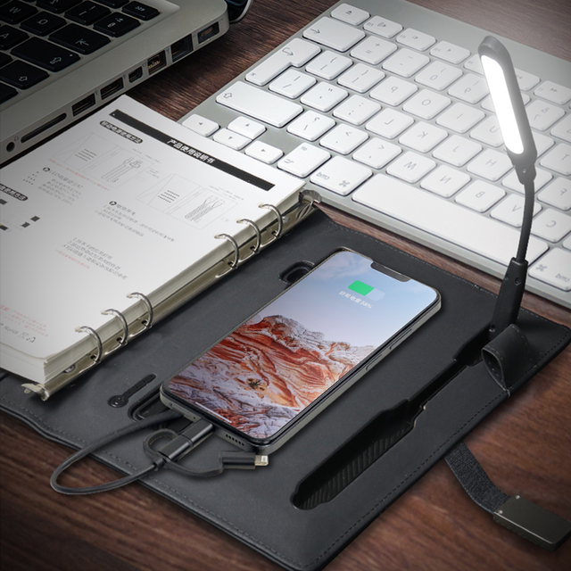 Multi-functional A5 Wireless Charging Notebook With Lamp USB Flash Drive Power Bank Leather Smart Notebook for Business Gift