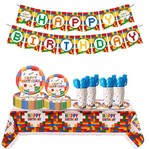 Suministros de Decoración para Fiestas Temáticas de Bloques de Construcción, Juego de Vajilla para Fiestas, Platos y Vasos Desechables de Papel con Diseño de Construcción - Product Image 1