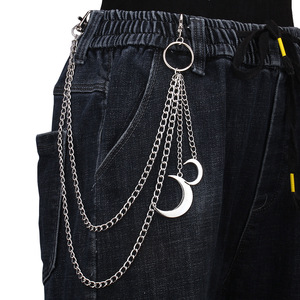 Cadena de cintura Yueli, cadena de cuerpo unisex de estilo punk con colgante de luna y anillos de metal de varias capas, aleación de zinc, para uso diario. - Product Image 2