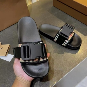 High-quality checkered belt-style slip-on rubber-soled indoor anti-slip <b>slippers</b> in black with exposed toes - Product Image 3