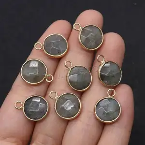 Flat Round gold color plated Unisex faceted Labradorite jewelry Pendants with Brass grey 13x17mm 1613992