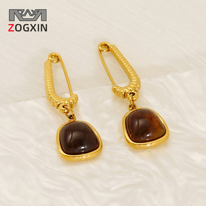 Zogxin Brown Natural Stone Clip-on Earrings Gold Geometric Bezel Setting Party Jewelry - Product Image 1
