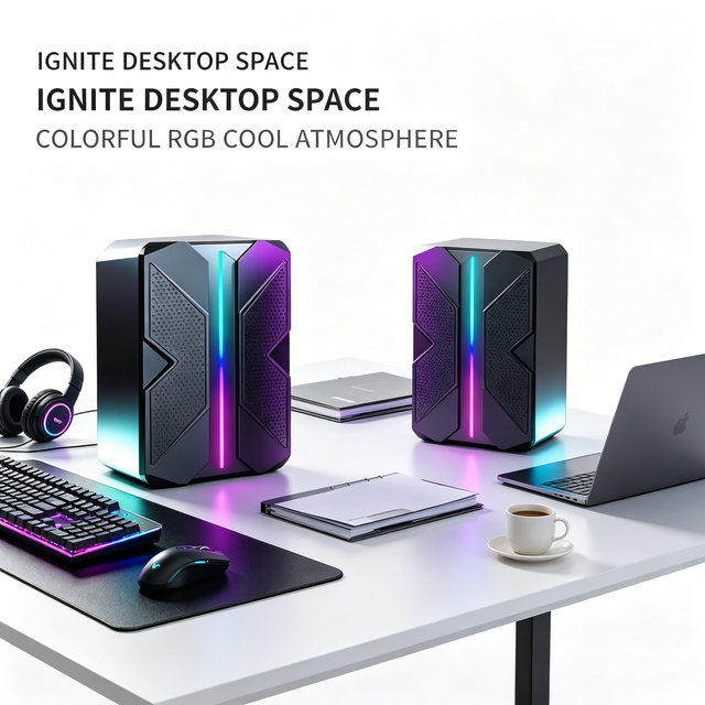 RGB Cool LED Lighting & Compact Size, Wired Audio Amplifier, S557 Mini Desktop Computer Speakers