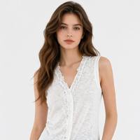 Débardeur en dentelle sans manches à col rond pour femme, imprimé floral métallisé, style doux et transparent, en polyester respirant, chemisier d'été
