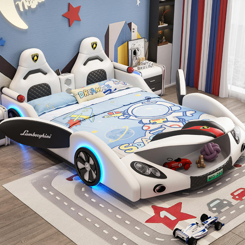 Kids Racing Car Bed with Guardrail – Single Size Children’s Car-Shaped Bed Frame for Boys’ Bedroom & Playroom Furniture