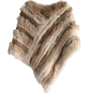 Scialle di pelliccia invernale puro tessuto a mano in pelliccia di coniglio lavorato a maglia raccoonpullover triangolare mantella scialli cappotto di pelliccia per donna