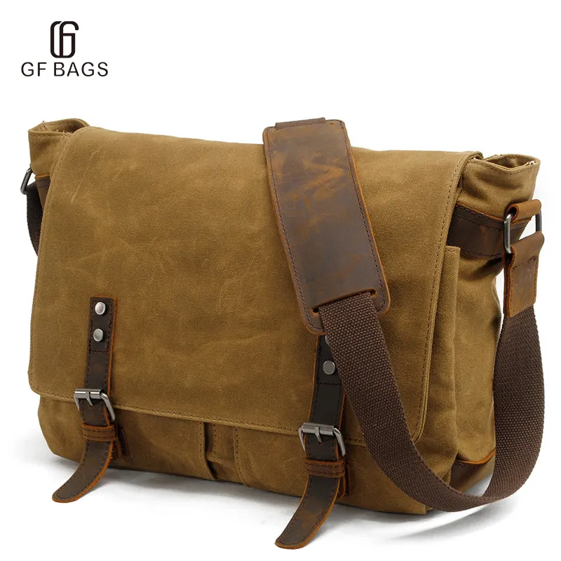 Waterproof Vintage Genuine Leather Waxed Canvas Briefcase Large Satchel Shoulder Bag Mens Messenger Bag