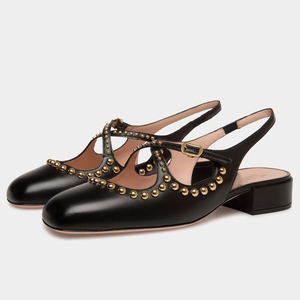 Women Low Chunky Heels Pumps Square Toe Office Lady Metal Buckles Slingbacks <b>Shoes</b> Double Straps Back Cut Out Sandals - Product Image 2