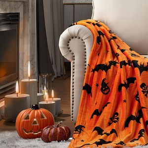 Couverture Polaire Imprimée Halloween en Gros, Motif Chauve-Souris Orange et Citrouille, Douce en Flanelle Anti-Boulochage, Pour Usage Domestique, Saison Automne - Product Image 2