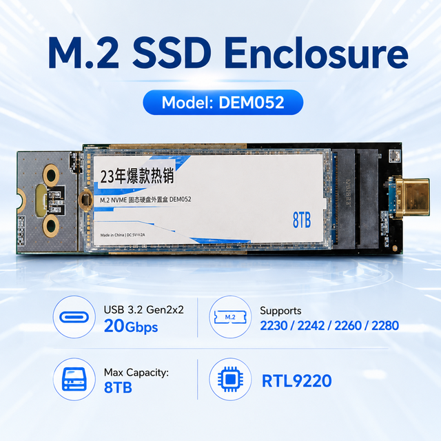 M.2 NVMe/SATA SSD Enclosure,USB-C 20Gbps (Gen2x2),Supports 8TB 2230/2280 SSD,RTL9220,Aluminum Case for Windows/Mac/Linux/Android