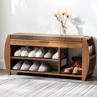 Banc à chaussures moderne en bambou avec double coussin amovible, compartiment de rangement dissimulé et tiroir latéral pour l'entrée
