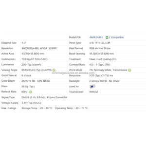 จอแสดงผล LCD เกรดอุตสาหกรรมขนาด4.3นิ้ว AA043MA01-หน้าจอแบบฝังที่มีความคมชัดสูงสำหรับอุปกรณ์พกพา/แผงควบคุมทางอุตสาหกรรม - Product Image 5
