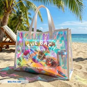 Sac de plage holographique en gros, grande capacité, PVC, sac à bandoulière pour femmes, sac fourre-tout personnalisé avec étiquette en cuir, sac d'épicerie - Product Image 3