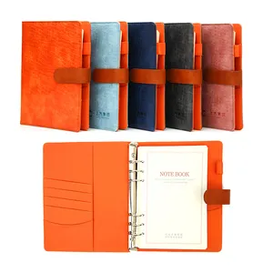 Caderno de couro recarregável com folhas soltas, conjunto de cadernos personalizados, planejador luxuoso A5, 6 fichas, diário com laço de caneta, ideal para presente