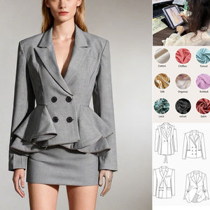 Traje Elegante Gris para Mujer, Diseño Personalizado OEM, Otoño 2026, Nuevo Estilo de Moda, Cuello en V, Diseño de Hojas, Chaqueta Tipo <span class=keywords><strong>Blazer</strong></span> - Product Image 1