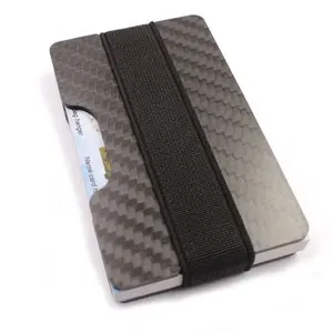 Porta-cartão fino de fibra de carbono, suporte para cartão de crédito com elástico
