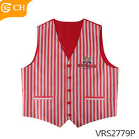 Pemasok OEM ODM setelan pelayan rompi murah merah putih bergaris rompi seragam bordir Logo kustom Satin poliester rompi pria