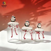 Bocal de rangement en verre pour les fêtes, pot transparent côtelé avec couvercle en céramique peint à la main motif pingouin, pour emballer des bonbons, des noix et des biscuits