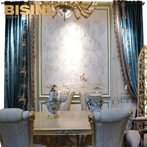 Magnifique rideau occultant de style rococo italien, bleu floqué, pour fenêtre française, décoré de broderies, rideau à tringle romaine - Product Image 6