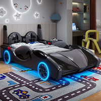 Stilvolles Kinderbett in Autoform mit Beleuchteten Rädern, Modernes Sicherheits-Lederbett, Komfortables Luxuriöses Weiches Kinderbett mit Schutzgeländer