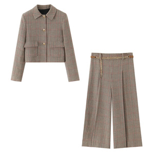 Women's Bestseller Casual Houndstooth Short Collared and <b>Pants</b> 2-Piece Set Fashion - Product Image 1