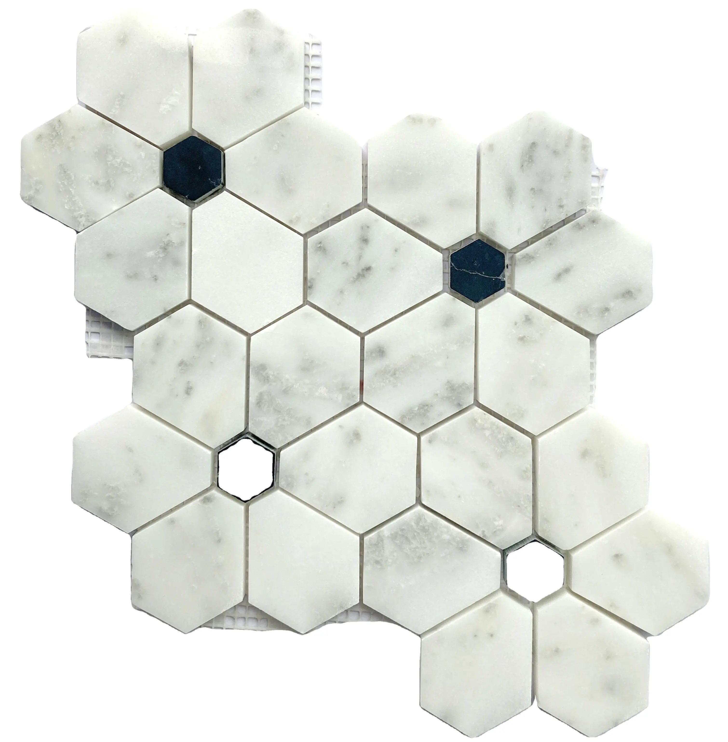 Nero Black and Carrara White Diamond Fan Shaped Hexagon Mosaic Flower Pattern Kitchen Backsplash Marble Mosaic Tiles