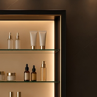 Vitrine cosmétique murale rétroéclairée en verre noir mat et or avec étagères en verre