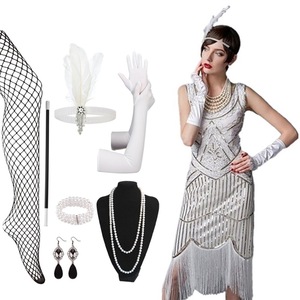 1920s <b>Sequined</b> Dress Women Gatsby Evening Gown With Headpiece Necklace Eight Piece Set Sizes S 4XL - Product Image 1