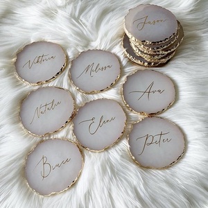 Home Tabletop Drink Natural Clear White Rose Quartz Small Large Size Crystal Stone Geode <strong>Agate</strong> Slice <strong>Coaster</strong> with Gold Trim - Product Image 2