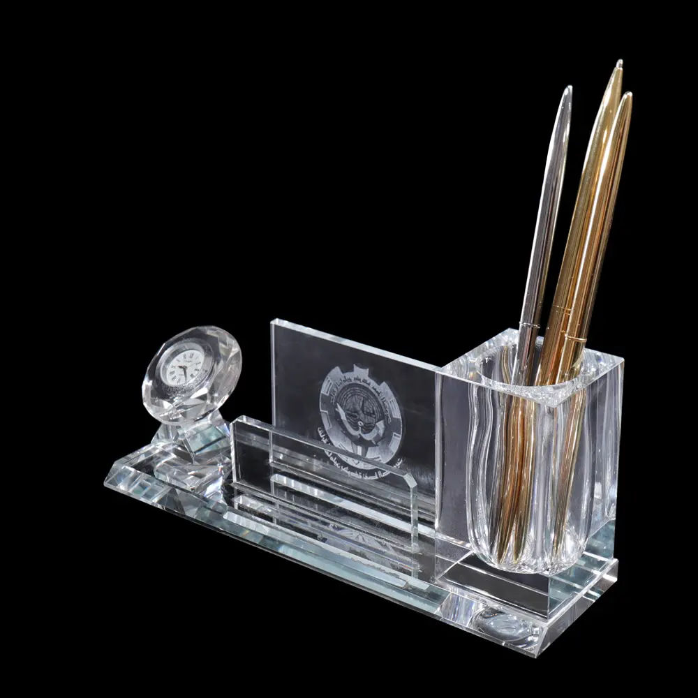 MH-LMY106 nieuwe ontwerp kristal pen houder met kristal klok en kaarthouder voor relatiegeschenk