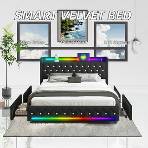 Lit de rangement intelligent moderne Queen en velours avec tête de lit rembourrée à points diamantés - Bande LED multicolore à commande par application, élévateur hydraulique dissimulé - Product Image 2