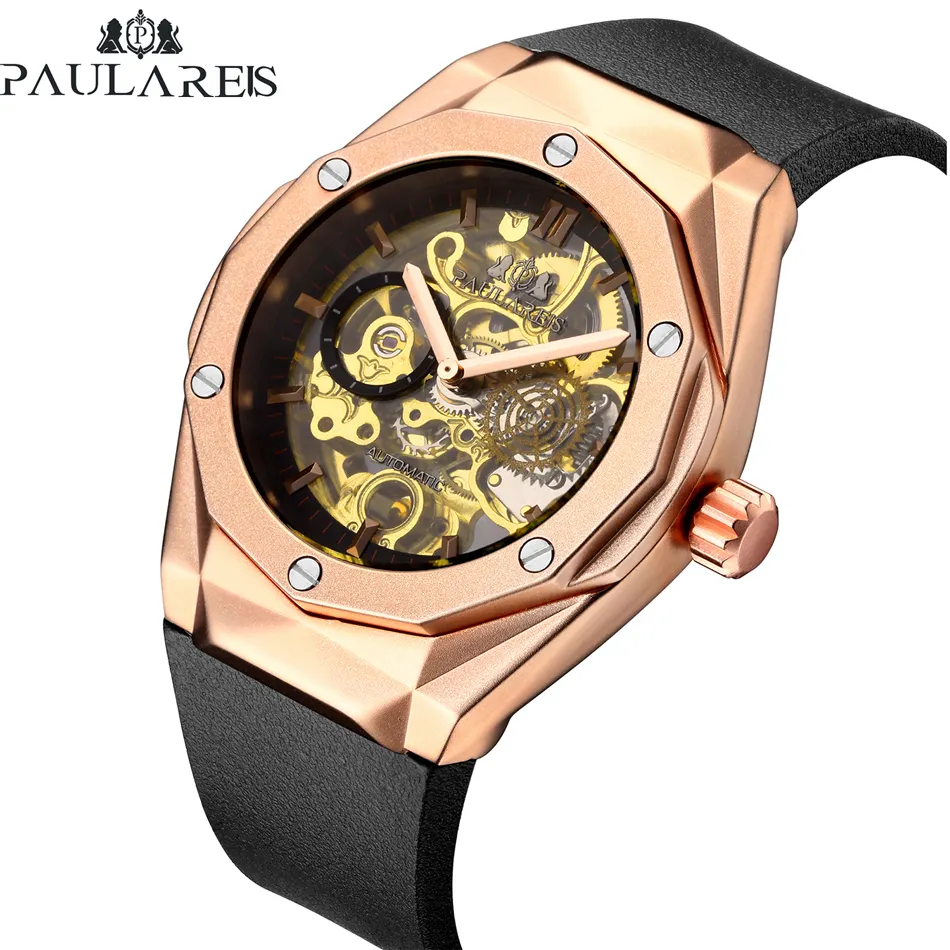 Paulareis 3D Logo Black Gold Men Mechanical Watch Montre Homme Man Watches Top Brand Luxury Rubber Skeleton Design