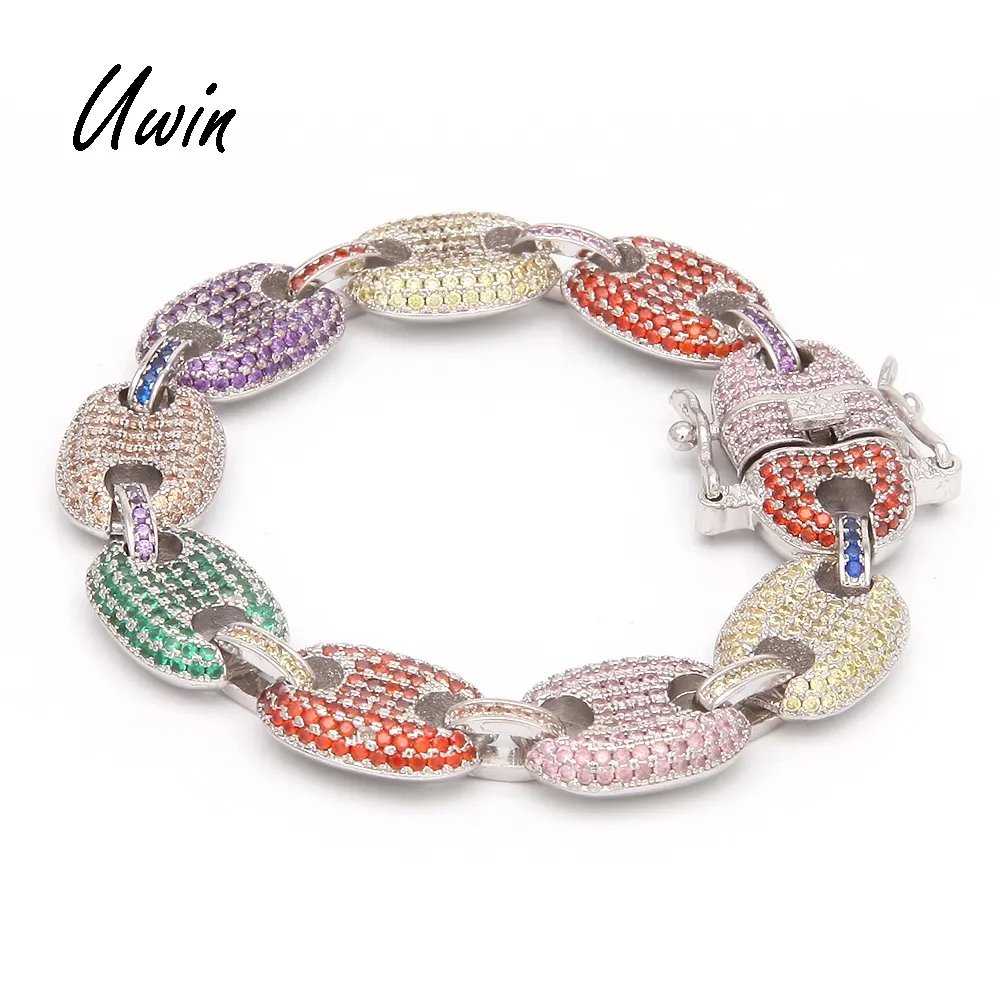 UWIN Iced Out CZ Rainbow Colored Cubic Zirconia Coffee Bean Bracelet Jewelry