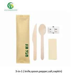 5-in-1コンテンツナイフ、スプーン、塩、コショウ、ナプキンレストラン環境にやさしい卸売使い捨て木製カトラリーセット