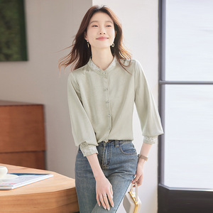 Women's Apricot Blouse Solid Color Chiffon Chinese Style Embroidered Work Shirt - Product Image 2