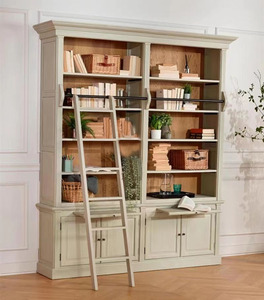 Combinazione Libreria a Scaffali di Lusso in Legno Massello Stile Moderno Americano per Soggiorno Appartamento di Alta Gamma con Scala - Product Image 3
