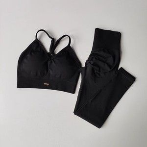 Set <span class=keywords><strong>Bra</strong></span> olahraga wanita, celana ketat pinggang tinggi Eropa Amerika dan tanpa jejak, cepat kering cetak Solid, Legging Yoga ukuran Plus - Product Image 6