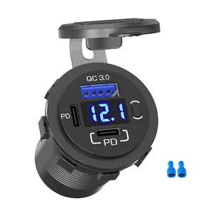 58W 12V 24V USB C Car Charger Socket Dual 12V USB-C PD 20W & 18W QC3.0 USB Car Port with Voltmeter Button Switch