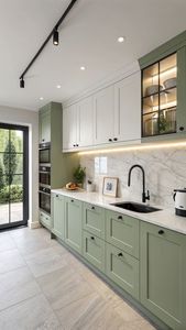 Armoires de <span class=keywords><strong>cuisine</strong></span> Shaker peintes sur mesure de qualité supérieure avec panneaux en mélamine, design moderne en forme de L, plinthe dorée, éclairage LED - Product Image 3