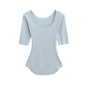 Camiseta Básica Sexy de Corte Regular con Cuello en U para Mujer, Verano, Manga Corta, Ligera, Transpirable, Moldeadora - Product Image 4