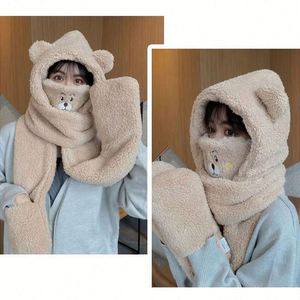 Bonnet d'été tout-en-un en peluche chaud et tendance pour adultes, motif ours mignon, avec écharpe, masque et gants en velours moelleux, idéal pour l'extérieur et la protection contre le froid pour hommes - Product Image 4
