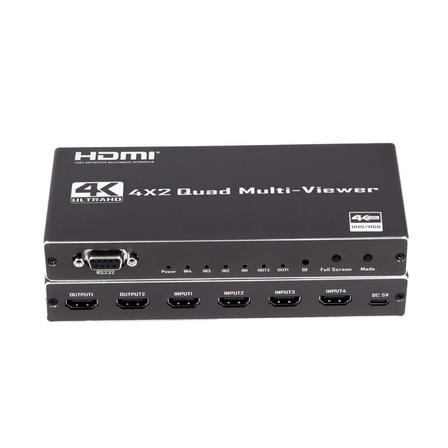 4X2 H DMI Quad Multi-Viewer 4K30Hz Seamless Switch, 4 In2 Out Screen Splitter RS232 IR Remote 4 Split Modes Full Accessory Kit