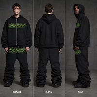 Ensemble survêtement homme personnalisé avec logo imprimé sérigraphié, sweat à capuche entièrement zippé noir et pantalon de survêtement évasé