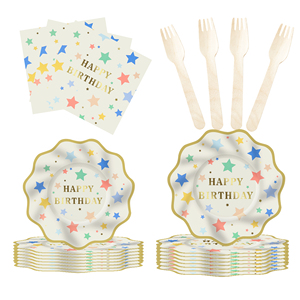 DAMAI - Juego de Vajilla Desechable de Papel con Diseño de Feliz Cumpleaños, Color Morado con Estampado Dorado en Relieve, Platos y Servilletas - Product Image 2