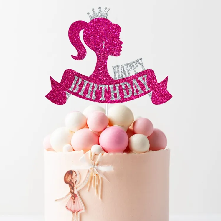 Adorno para tarta de feliz cumpleaños para niña, decoración temática para tarta con purpurina para niña, fiesta de cumpleaños para niña, SQ179, 1 unidad