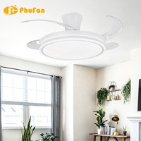 Ventilador de Techo de Montaje Empotrado con Bajo Espacio Libre, Carcasa Exterior Blanca, Aspas Retráctiles de PC Transparente, LED Regulable con Control Remoto para Dormitorio