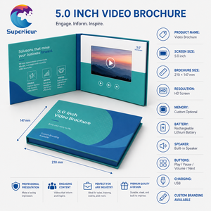 Brochure <span class=keywords><strong>Video</strong></span> Aziendale Personalizzata A5 con Copertina Rigida, LCD da 5 Pollici 800x480, Interruttore Magnetico, Riproduzione Automatica, Branding Aziendale, Arte Popolare - Product Image 2